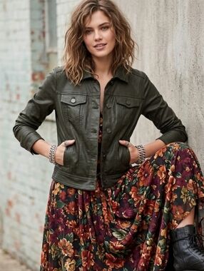 White House Black Market Coated Denim Jacket - Dark Olive Green - Size 0